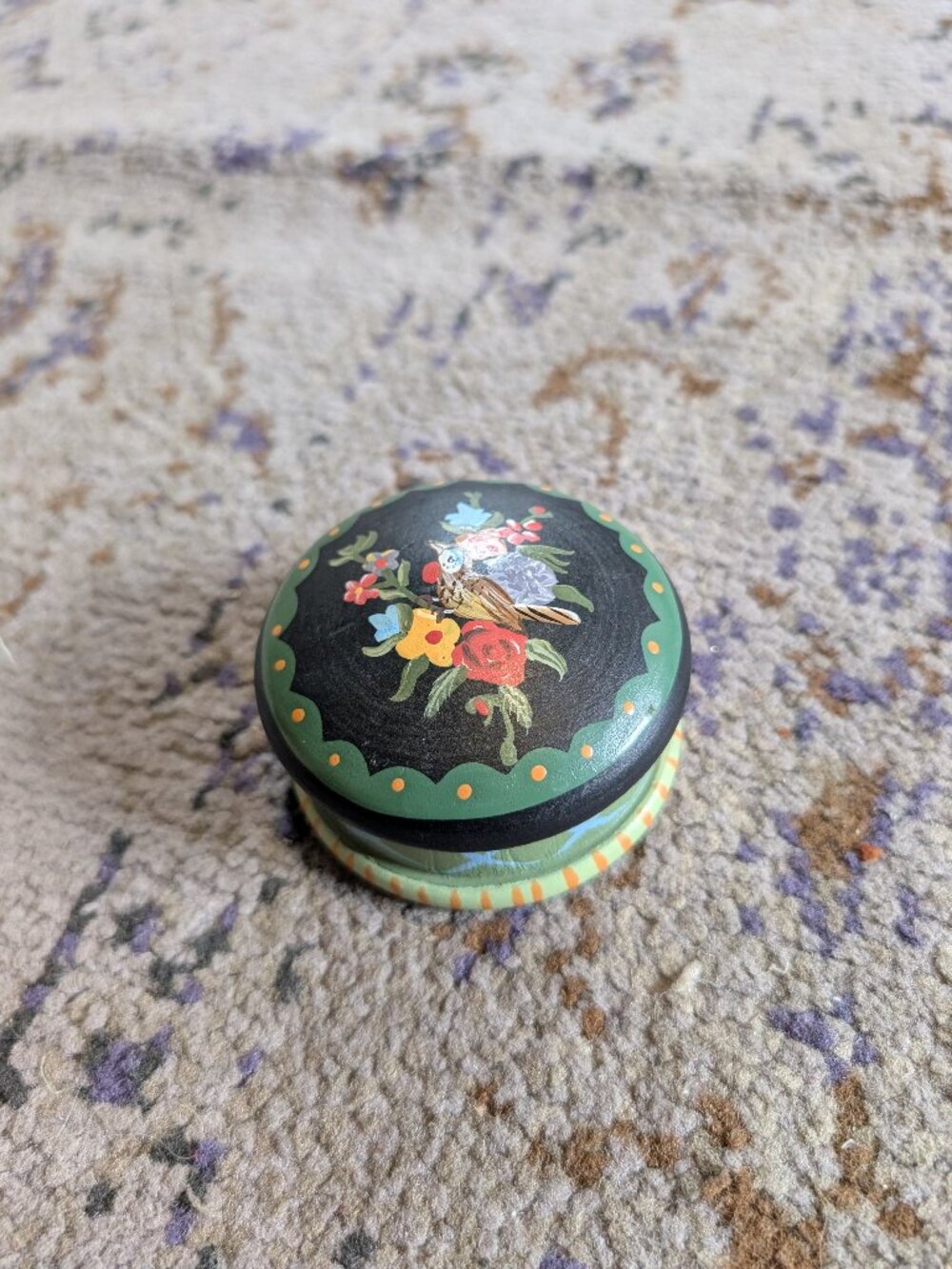 Wood Trinket Box Hand Painted Flower and Bird Jewelry Desk Container Vintage Box